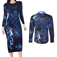 New Zealand Gecko Maori Art Tattoo Couples Matching Long Sleeve Bodycon Dress and Long Sleeve Button Shirt Matariki Mode