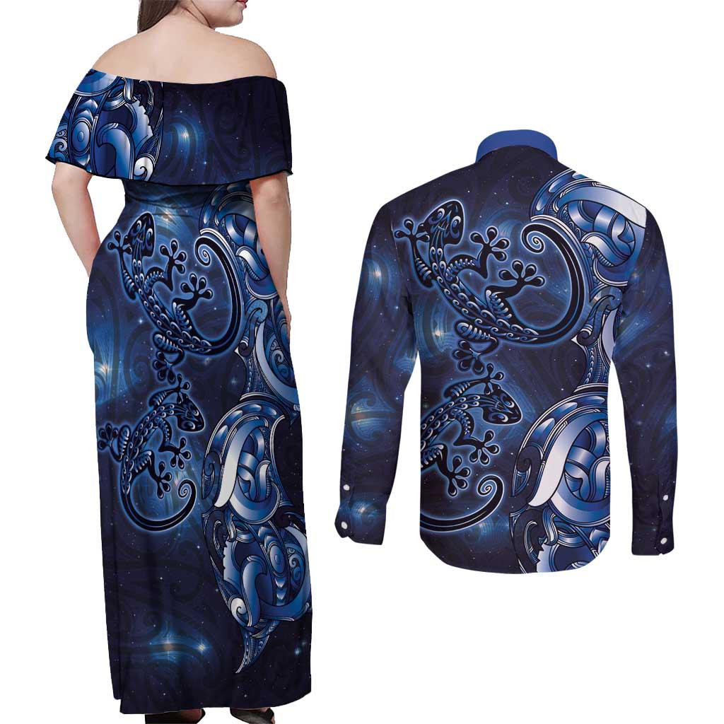 New Zealand Gecko Maori Art Tattoo Couples Matching Off Shoulder Maxi Dress and Long Sleeve Button Shirt Matariki Mode