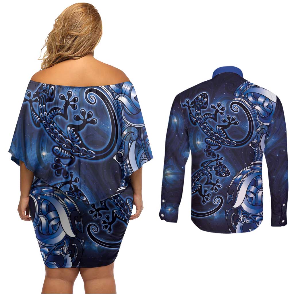 New Zealand Gecko Maori Art Tattoo Couples Matching Off Shoulder Short Dress and Long Sleeve Button Shirt Matariki Mode