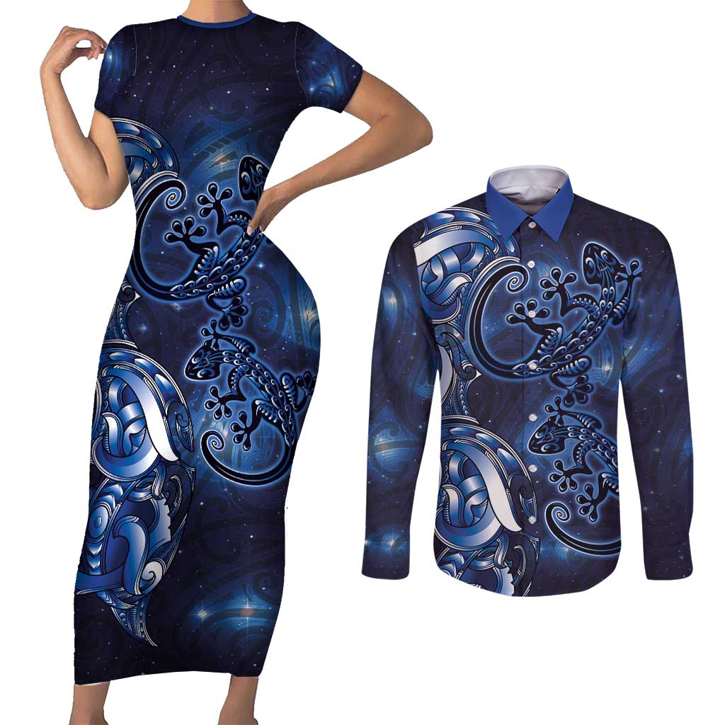 New Zealand Gecko Maori Art Tattoo Couples Matching Short Sleeve Bodycon Dress and Long Sleeve Button Shirt Matariki Mode