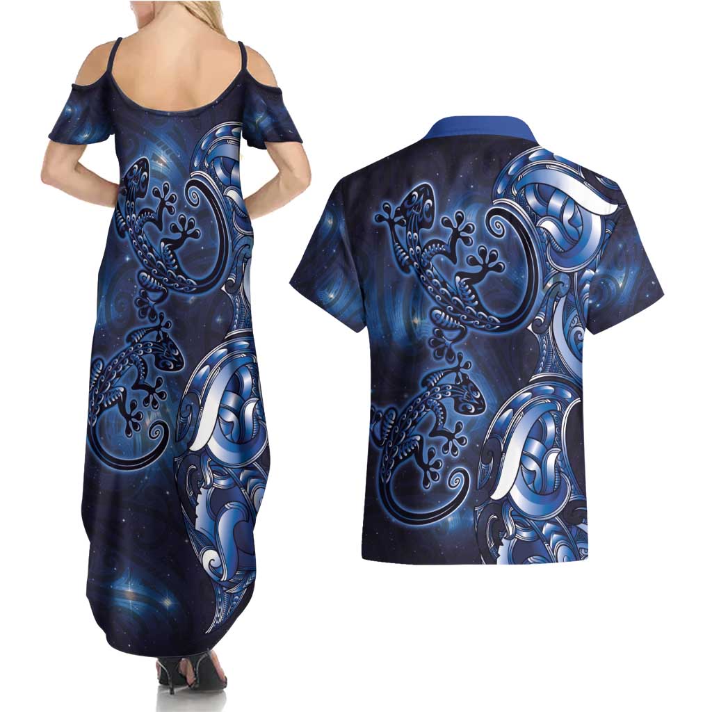 New Zealand Gecko Maori Art Tattoo Couples Matching Summer Maxi Dress and Hawaiian Shirt Matariki Mode