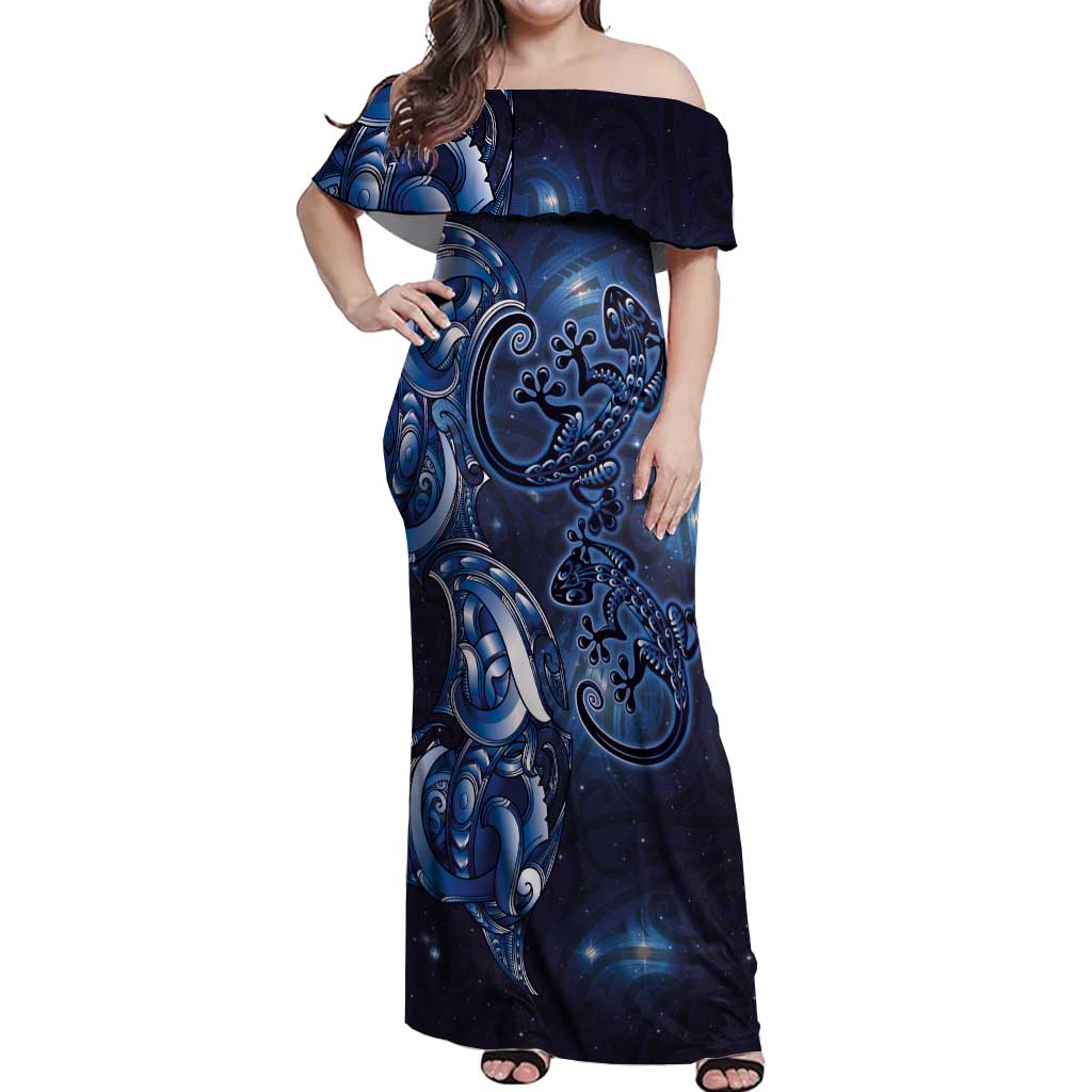 New Zealand Gecko Maori Art Tattoo Off Shoulder Maxi Dress Matariki Mode