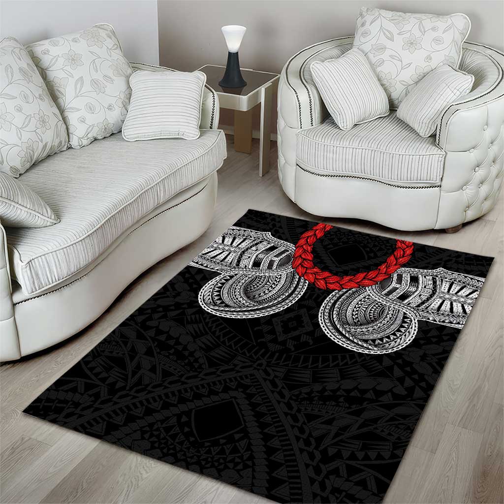 Samoan Traditional Art Tattoos Area Rug Tatau Tribal Motifs with Ula Fala Black - Polynesian Pride