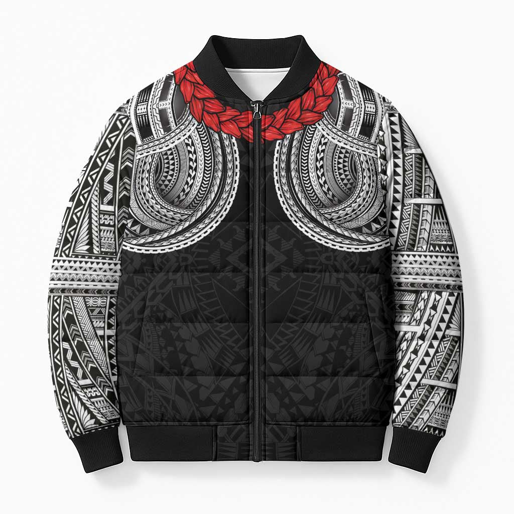 Samoan Traditional Art Tattoos Bomber Puffer Jacket Tatau Tribal Motifs with Ula Fala Black - Polynesian Pride