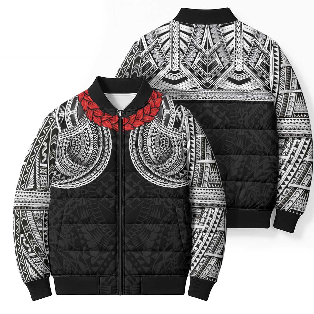 Samoan Traditional Art Tattoos Bomber Puffer Jacket Tatau Tribal Motifs with Ula Fala Black - Polynesian Pride