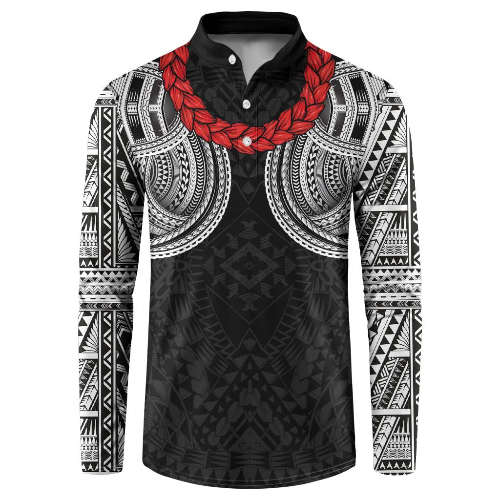 Samoan Traditional Art Tattoos Button Sweatshirt Tatau Tribal Motifs with Ula Fala Black - Polynesian Pride
