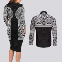 Samoan Traditional Art Tattoos Couples Matching Long Sleeve Bodycon Dress and Long Sleeve Button Shirt Tatau Tribal Motifs with Ula Fala Black - Polynesian Pride