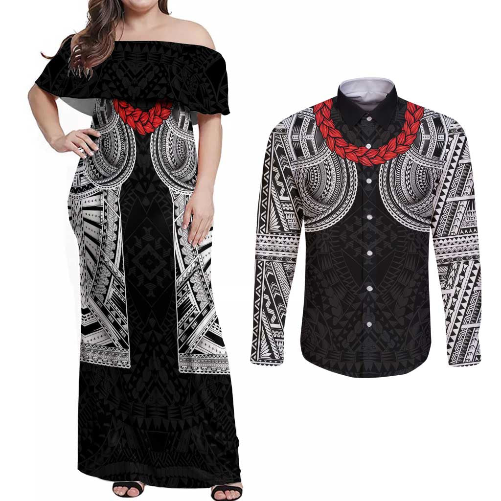 Samoan Traditional Art Tattoos Couples Matching Off Shoulder Maxi Dress and Long Sleeve Button Shirt Tatau Tribal Motifs with Ula Fala Black - Polynesian Pride