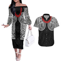 Samoan Traditional Art Tattoos Couples Matching Off The Shoulder Long Sleeve Dress and Hawaiian Shirt Tatau Tribal Motifs with Ula Fala Black - Polynesian Pride