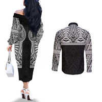 Samoan Traditional Art Tattoos Couples Matching Off The Shoulder Long Sleeve Dress and Long Sleeve Button Shirt Tatau Tribal Motifs with Ula Fala Black - Polynesian Pride