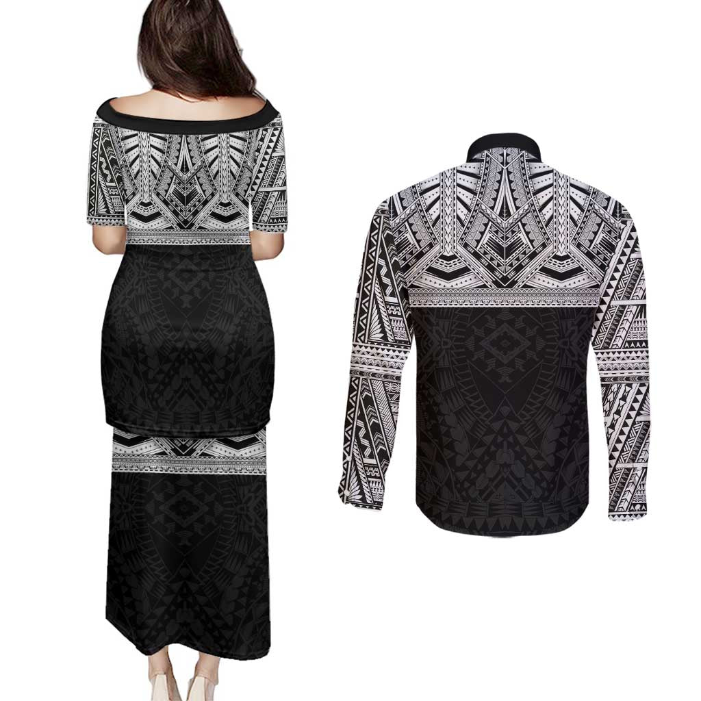 Samoan Traditional Art Tattoos Couples Matching Puletasi and Long Sleeve Button Shirt Tatau Tribal Motifs with Ula Fala Black - Polynesian Pride