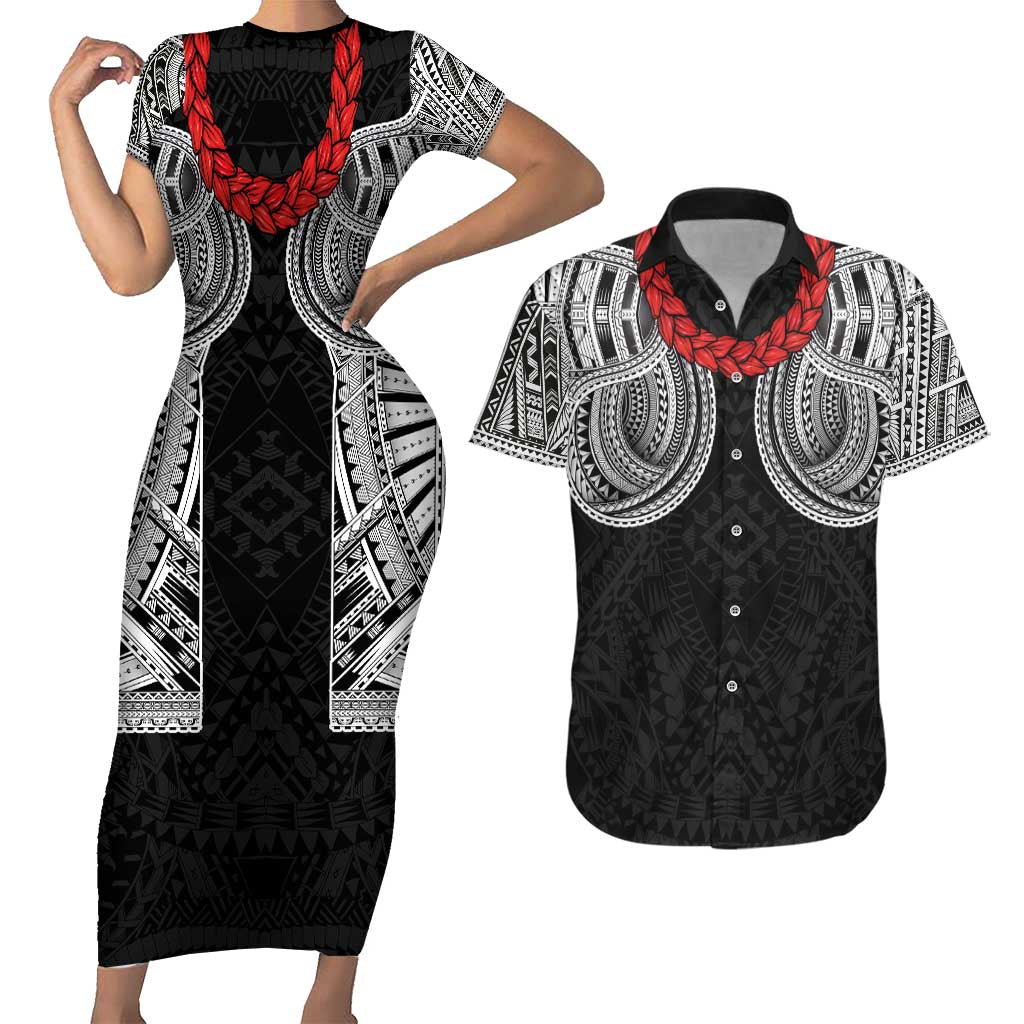 Samoan Traditional Art Tattoos Couples Matching Short Sleeve Bodycon Dress and Hawaiian Shirt Tatau Tribal Motifs with Ula Fala Black - Polynesian Pride
