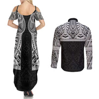 Samoan Traditional Art Tattoos Couples Matching Summer Maxi Dress and Long Sleeve Button Shirt Tatau Tribal Motifs with Ula Fala Black - Polynesian Pride