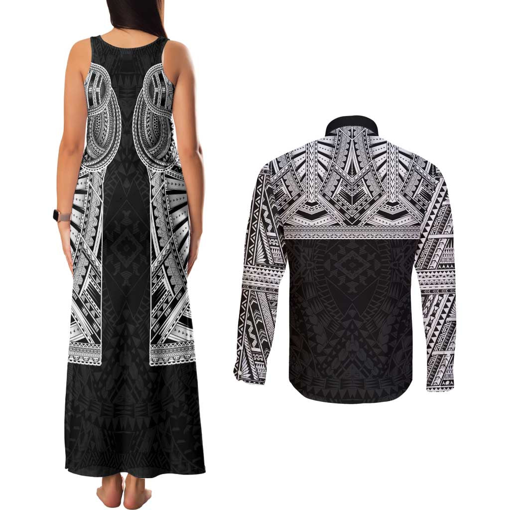 Samoan Traditional Art Tattoos Couples Matching Tank Maxi Dress and Long Sleeve Button Shirt Tatau Tribal Motifs with Ula Fala Black - Polynesian Pride