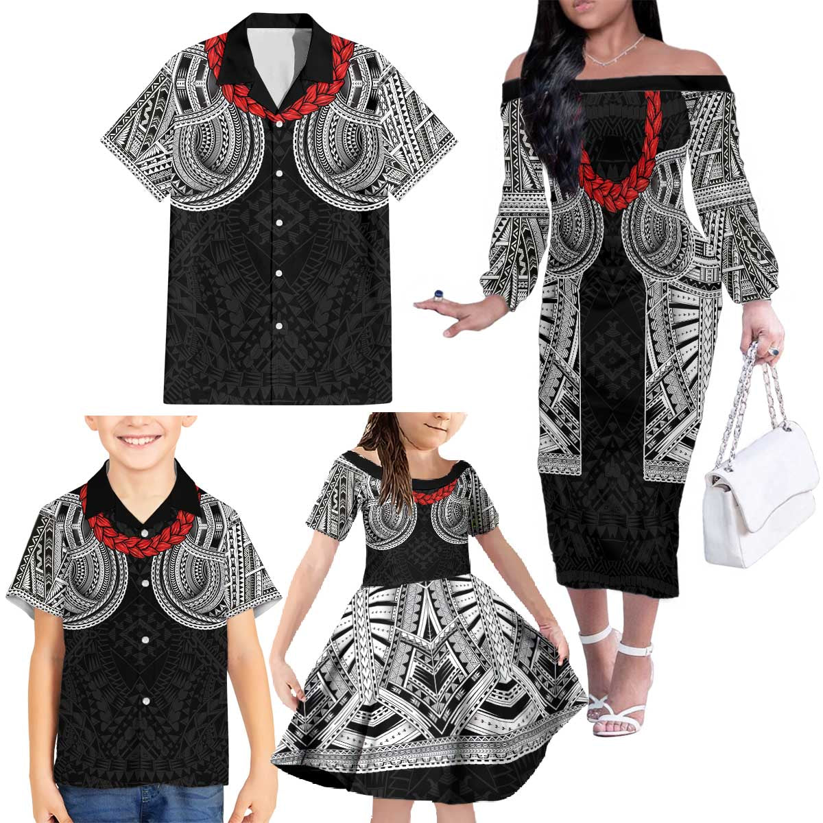Samoan Traditional Art Tattoos Family Matching Off The Shoulder Long Sleeve Dress and Hawaiian Shirt Tatau Tribal Motifs with Ula Fala Black - Polynesian Pride