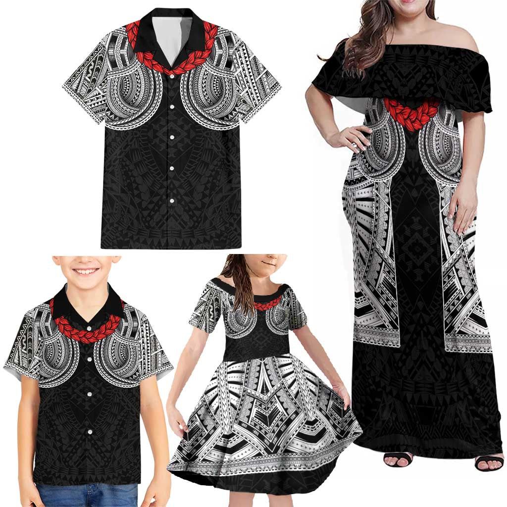 Samoan Traditional Art Tattoos Family Matching Off Shoulder Maxi Dress and Hawaiian Shirt Tatau Tribal Motifs with Ula Fala Black - Polynesian Pride