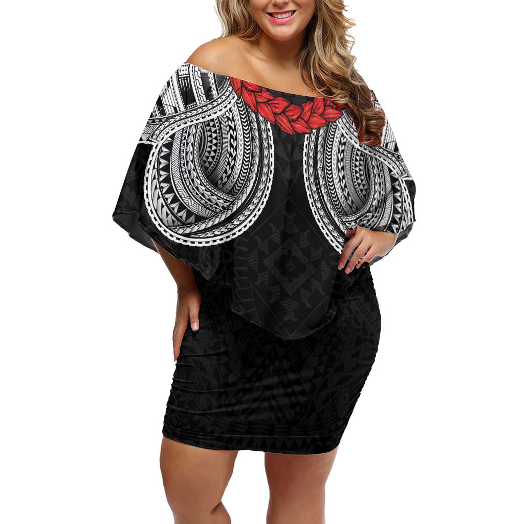 Samoan Traditional Art Tattoos Family Matching Off Shoulder Short Dress and Hawaiian Shirt Tatau Tribal Motifs with Ula Fala Black - Polynesian Pride