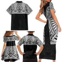 Samoan Traditional Art Tattoos Family Matching Short Sleeve Bodycon Dress and Hawaiian Shirt Tatau Tribal Motifs with Ula Fala Black - Polynesian Pride