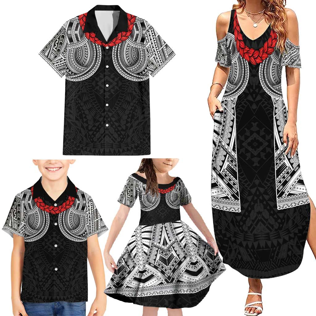 Samoan Traditional Art Tattoos Family Matching Summer Maxi Dress and Hawaiian Shirt Tatau Tribal Motifs with Ula Fala Black - Polynesian Pride
