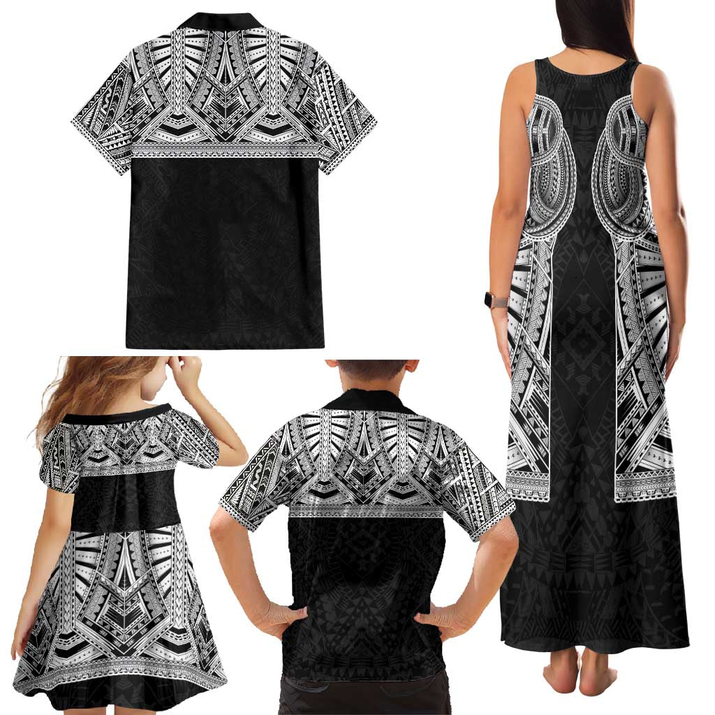 Samoan Traditional Art Tattoos Family Matching Tank Maxi Dress and Hawaiian Shirt Tatau Tribal Motifs with Ula Fala Black - Polynesian Pride