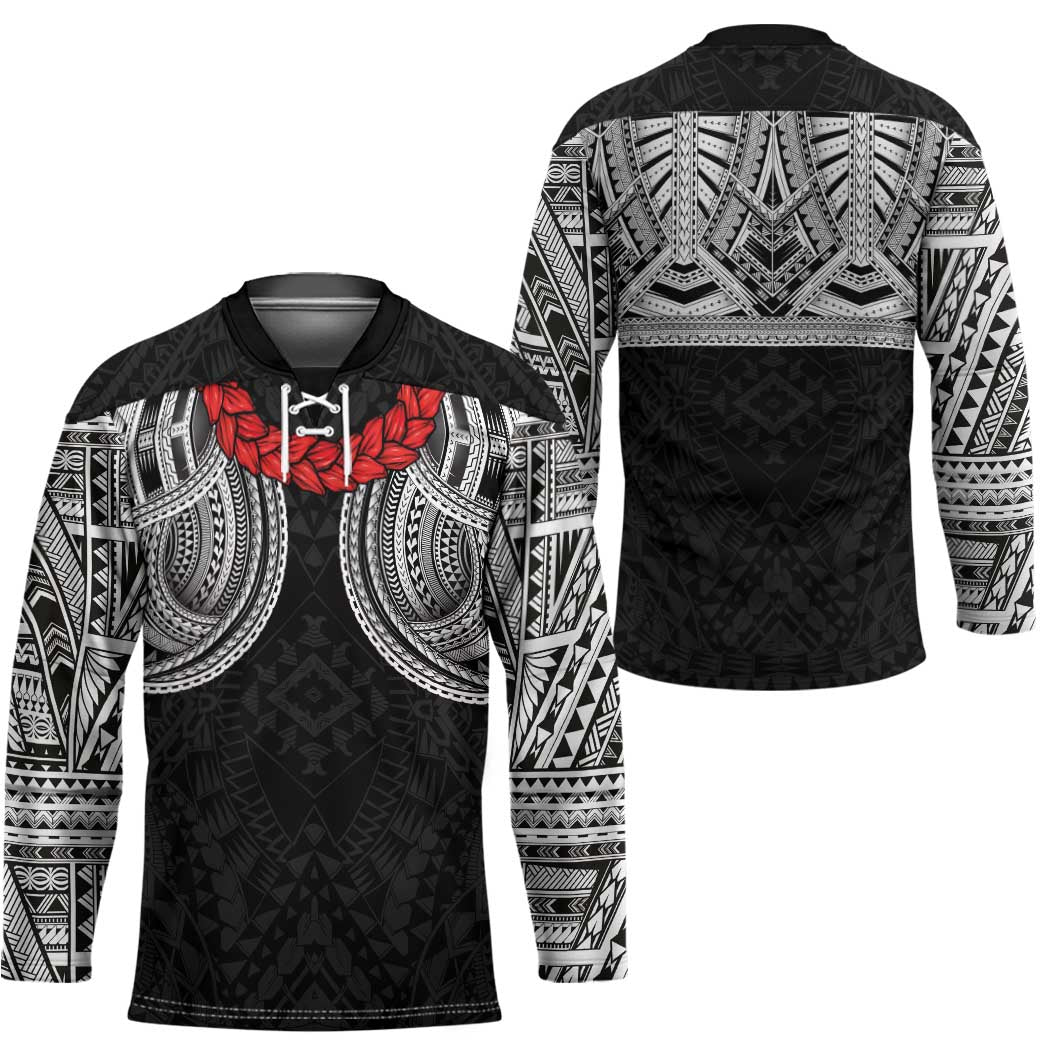 Samoan Traditional Art Tattoos Hockey Jersey Tatau Tribal Motifs with Ula Fala Black - Polynesian Pride