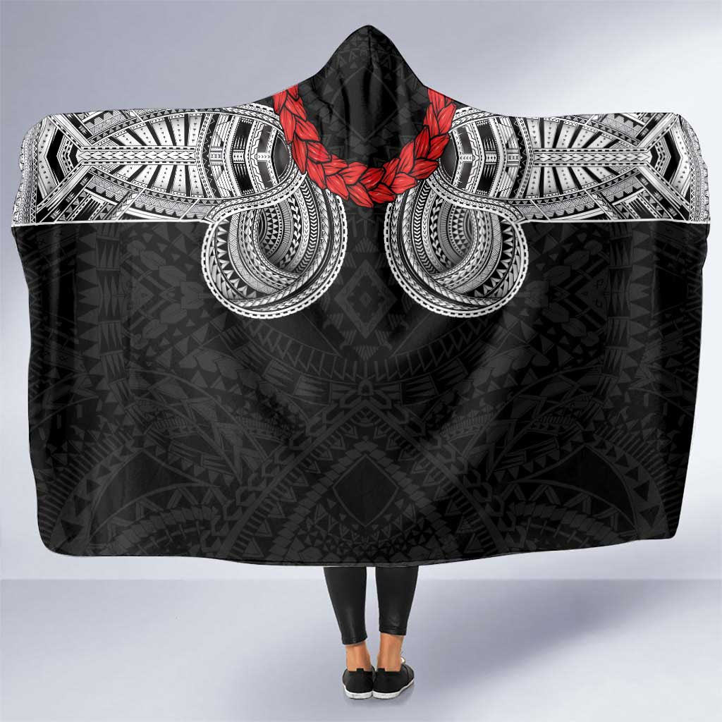 Samoan Traditional Art Tattoos Hooded Blanket Tatau Tribal Motifs with Ula Fala Black - Polynesian Pride