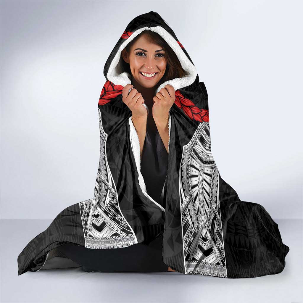 Samoan Traditional Art Tattoos Hooded Blanket Tatau Tribal Motifs with Ula Fala Black - Polynesian Pride