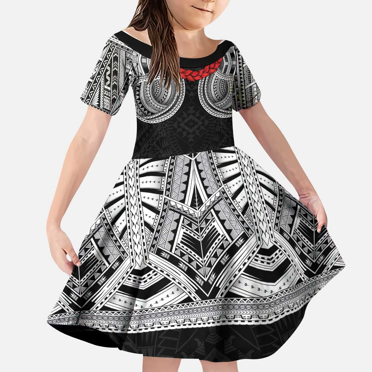 Samoan Traditional Art Tattoos Kid Short Sleeve Dress Tatau Tribal Motifs with Ula Fala Black - Polynesian Pride