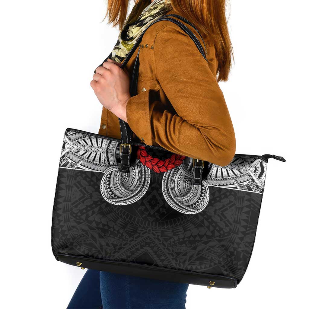 Samoan Traditional Art Tattoos Leather Tote Bag Tatau Tribal Motifs with Ula Fala Black - Polynesian Pride
