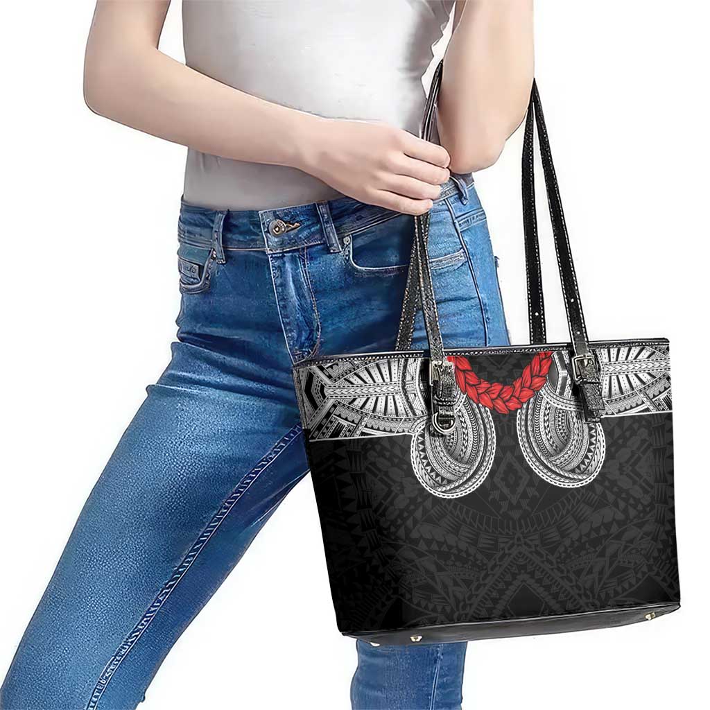 Samoan Traditional Art Tattoos Leather Tote Bag Tatau Tribal Motifs with Ula Fala Black - Polynesian Pride