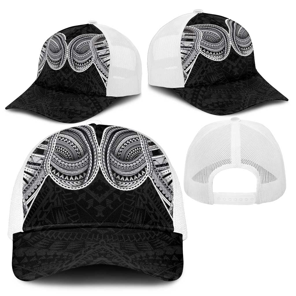 Samoan Traditional Art Tattoos Mesh Trucker Cap Tatau Tribal Motifs with Ula Fala Black - Polynesian Pride