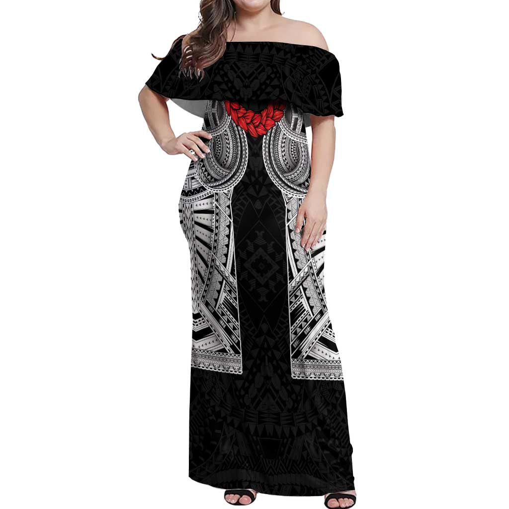 Samoan Traditional Art Tattoos Off Shoulder Maxi Dress Tatau Tribal Motifs with Ula Fala Black - Polynesian Pride