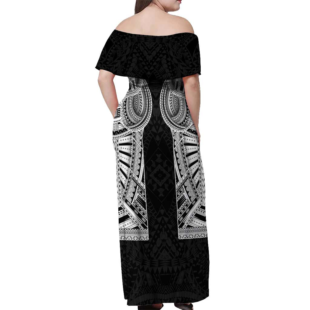 Samoan Traditional Art Tattoos Off Shoulder Maxi Dress Tatau Tribal Motifs with Ula Fala Black - Polynesian Pride