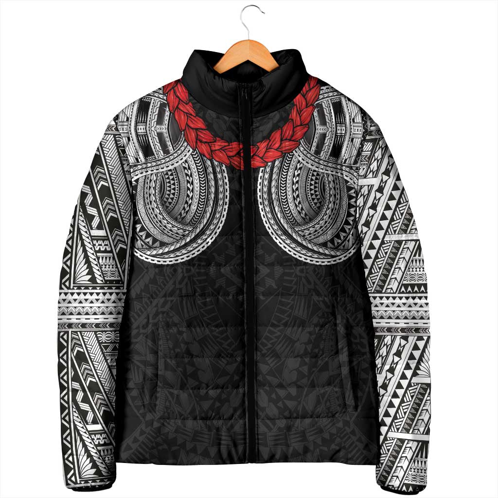 Samoan Traditional Art Tattoos Padded Jacket Tatau Tribal Motifs with Ula Fala Black - Polynesian Pride