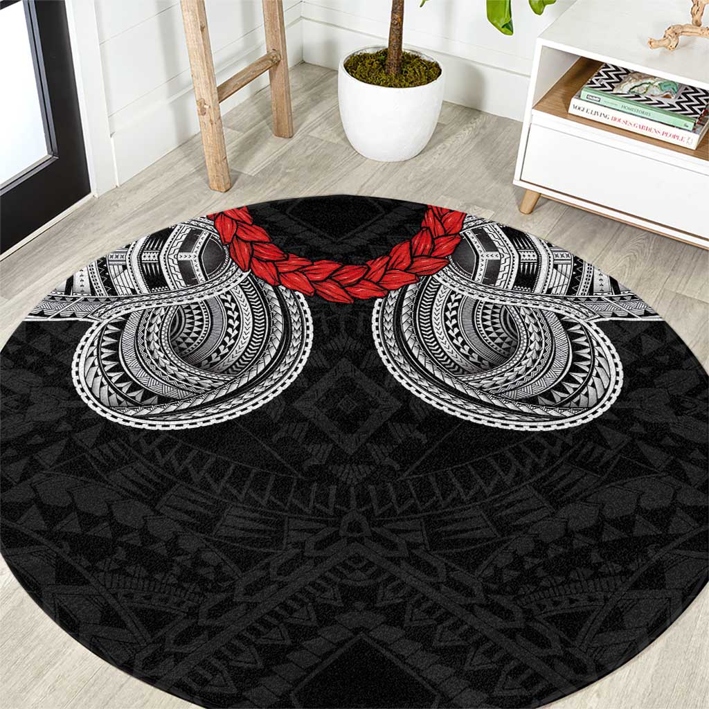 Samoan Traditional Art Tattoos Round Carpet Tatau Tribal Motifs with Ula Fala Black - Polynesian Pride