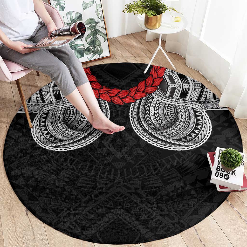 Samoan Traditional Art Tattoos Round Carpet Tatau Tribal Motifs with Ula Fala Black - Polynesian Pride