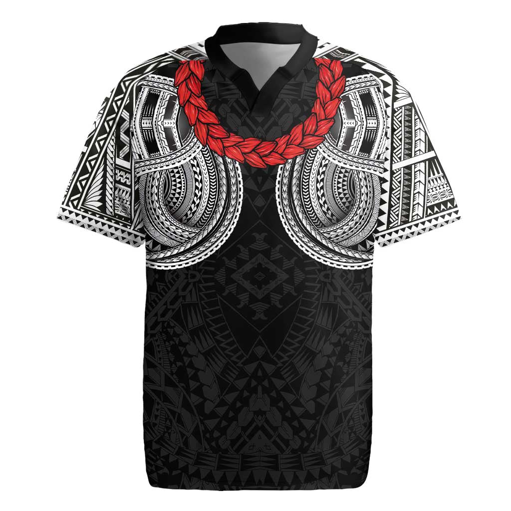 Samoan Traditional Art Tattoos Rugby Jersey Tatau Tribal Motifs with Ula Fala Black - Polynesian Pride
