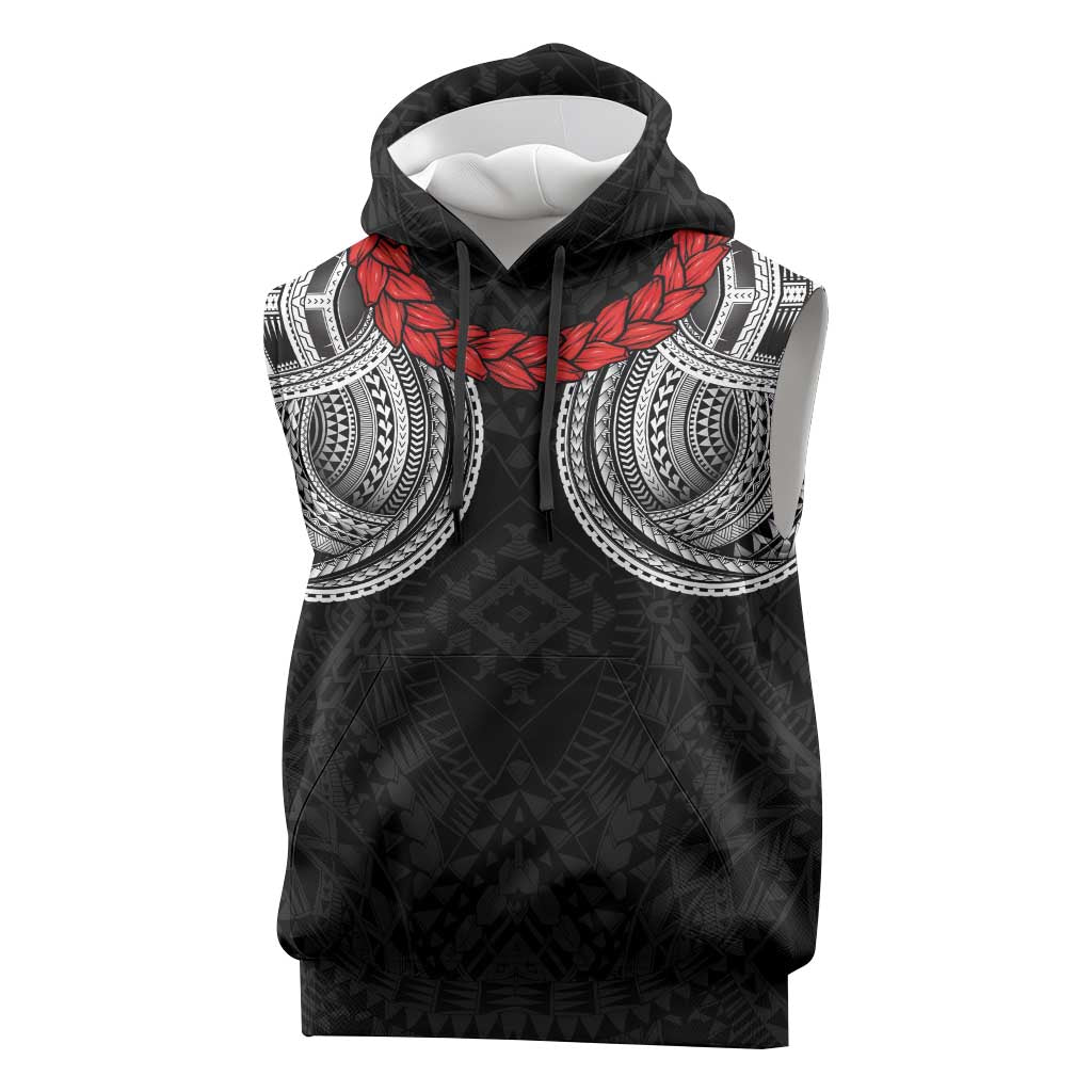 Samoan Traditional Art Tattoos Sleeveless Hoodie Tatau Tribal Motifs with Ula Fala Black - Polynesian Pride