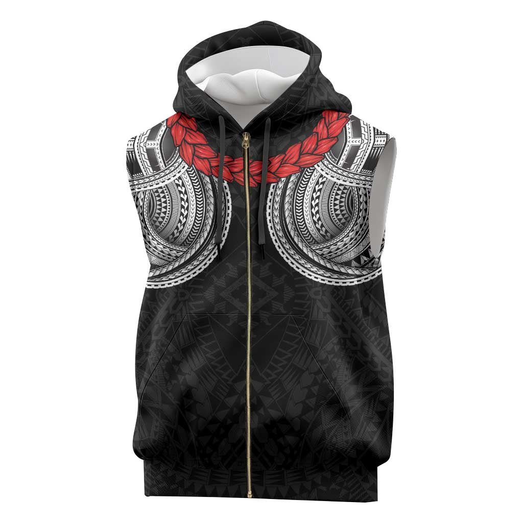 Samoan Traditional Art Tattoos Sleeveless Zip Hoodie Tatau Tribal Motifs with Ula Fala Black - Polynesian Pride