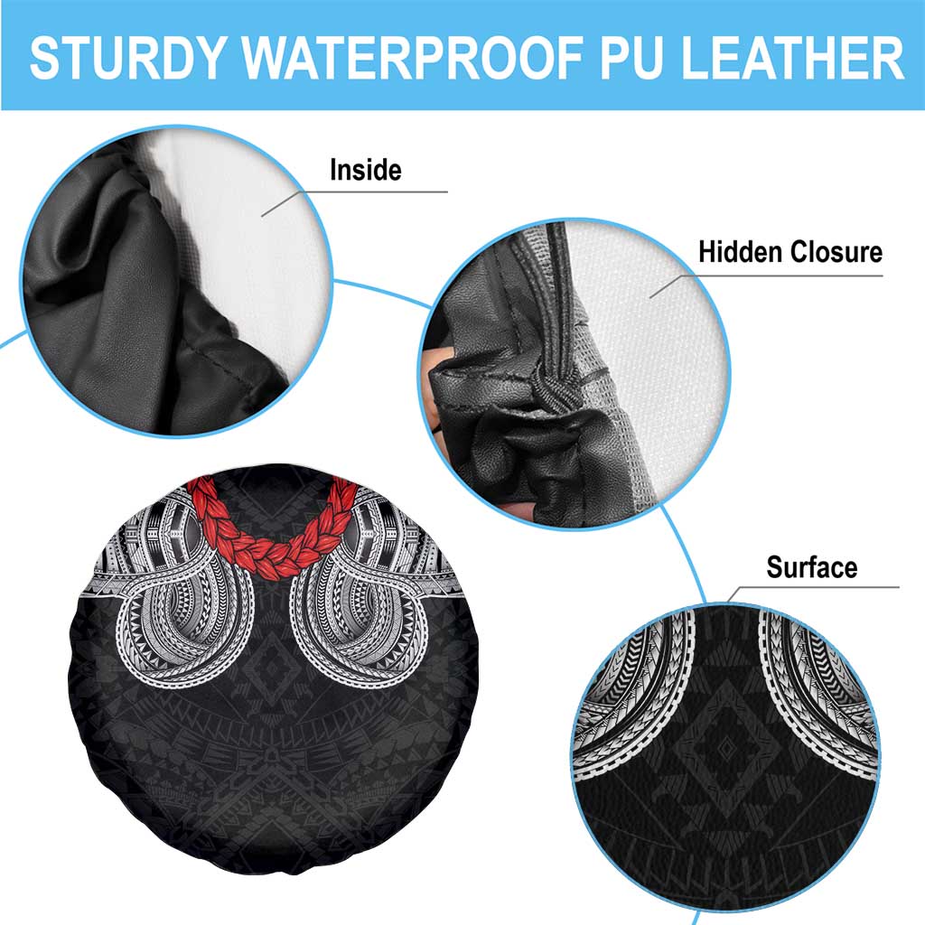 Samoan Traditional Art Tattoos Spare Tire Cover Tatau Tribal Motifs with Ula Fala Black - Polynesian Pride