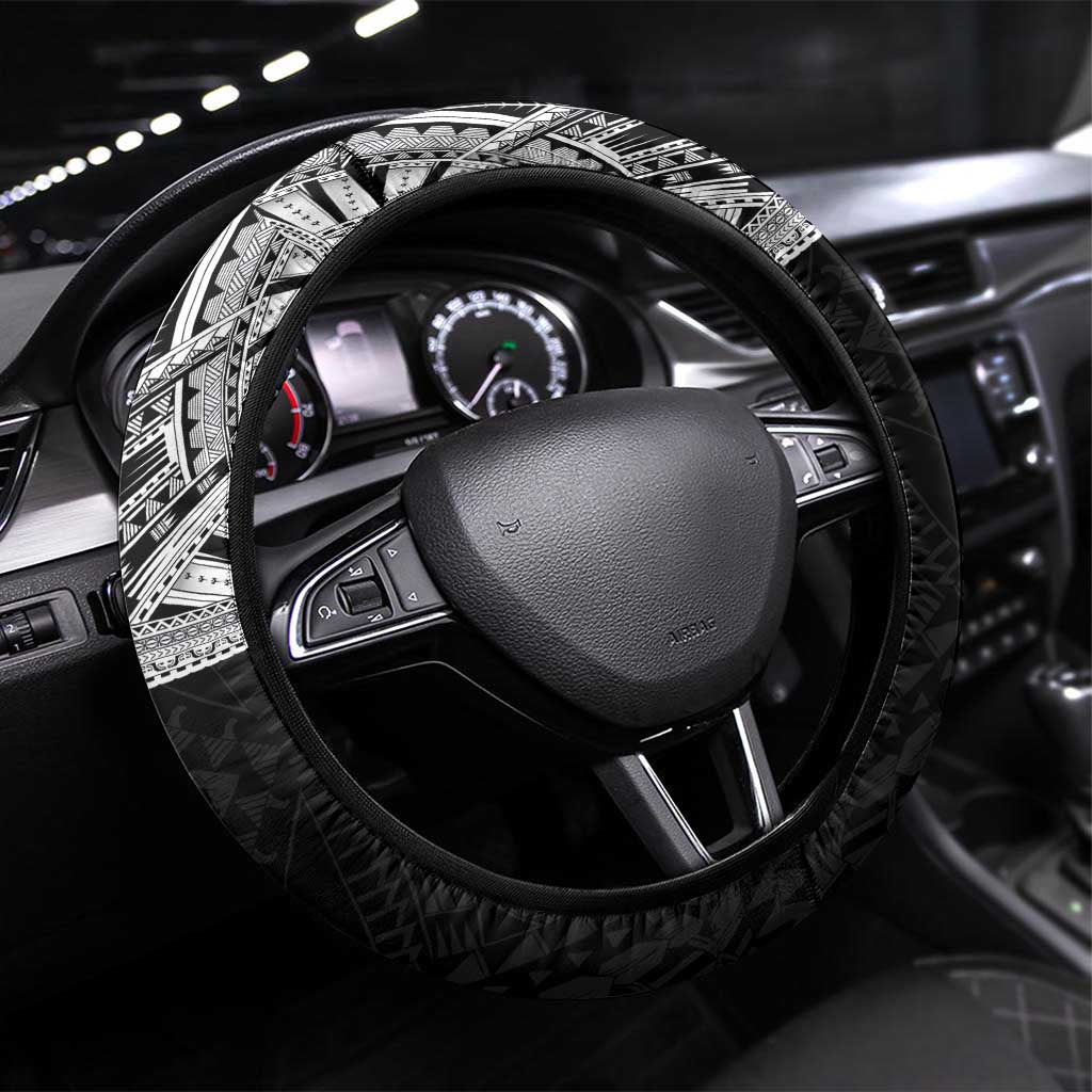 Samoan Traditional Art Tattoos Steering Wheel Cover Tatau Tribal Motifs with Ula Fala Black - Polynesian Pride