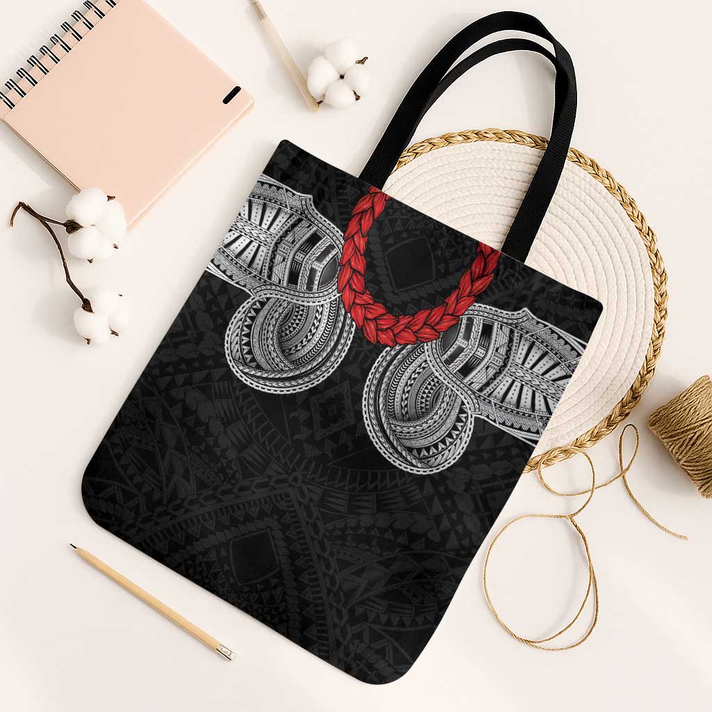 Samoan Traditional Art Tattoos Tote Bag Tatau Tribal Motifs with Ula Fala Black - Polynesian Pride