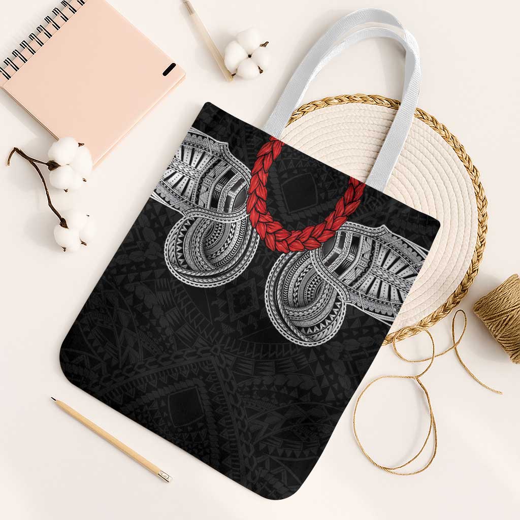 Samoan Traditional Art Tattoos Tote Bag Tatau Tribal Motifs with Ula Fala Black - Polynesian Pride