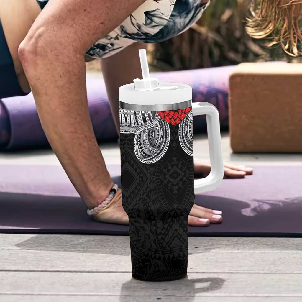 Samoan Traditional Art Tattoos Tumbler With Handle Tatau Tribal Motifs with Ula Fala Black - Polynesian Pride