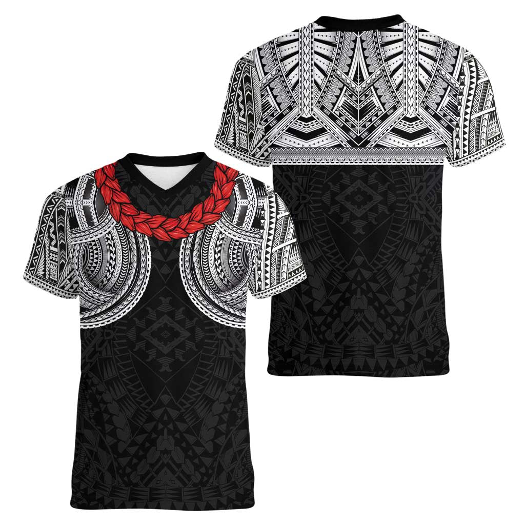 Samoan Traditional Art Tattoos Women V-Neck T-Shirt Tatau Tribal Motifs with Ula Fala Black - Polynesian Pride