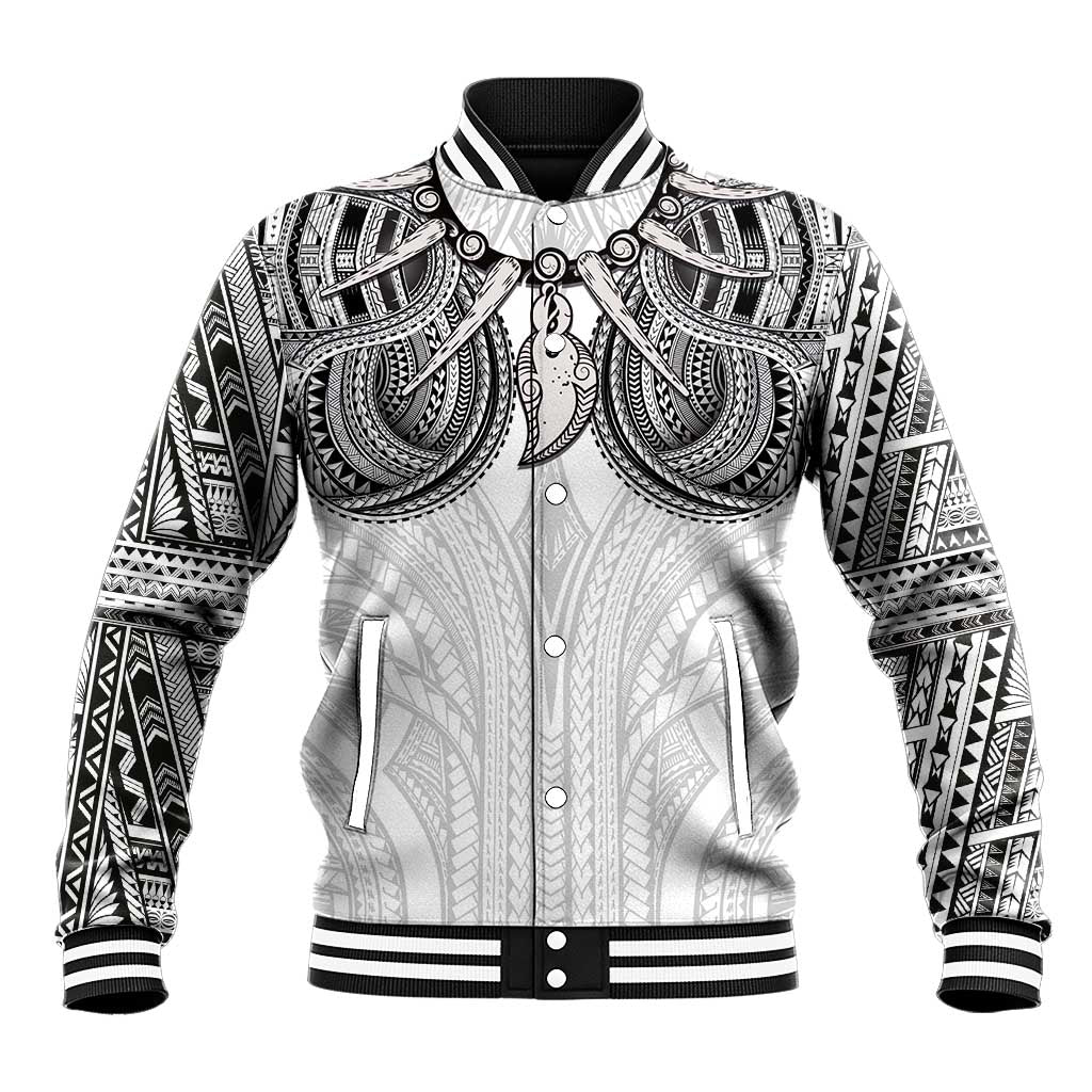 Samoan Traditional Art Tattoos Baseball Jacket Tatau Tribal Motifs with Ula Nifo White - Polynesian Pride