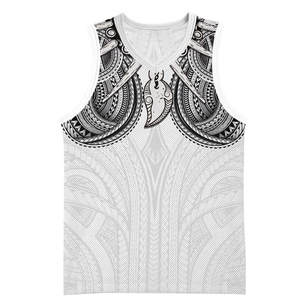 Samoan Traditional Art Tattoos Basketball Jersey Tatau Tribal Motifs with Ula Nifo White LT03 Unisex White - Polynesian Pride