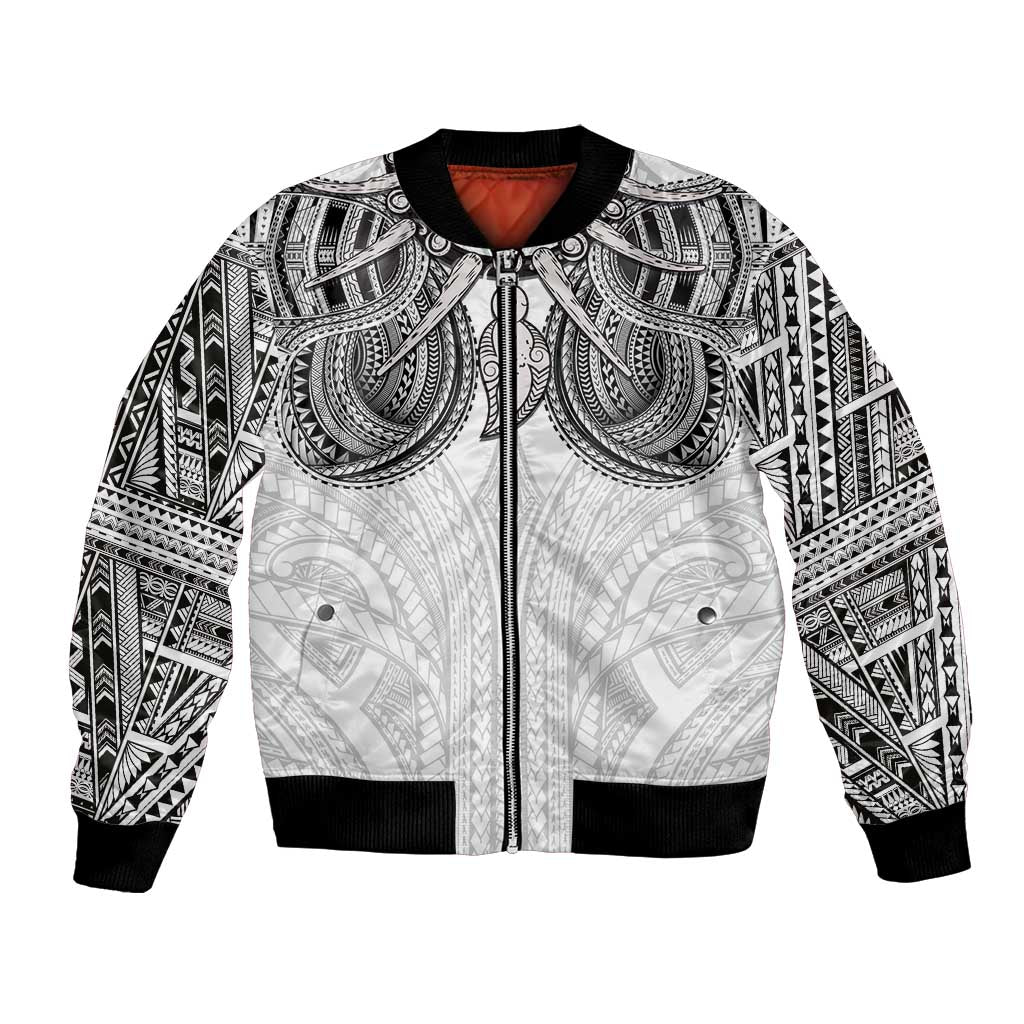 Samoan Traditional Art Tattoos Bomber Jacket Tatau Tribal Motifs with Ula Nifo White - Polynesian Pride