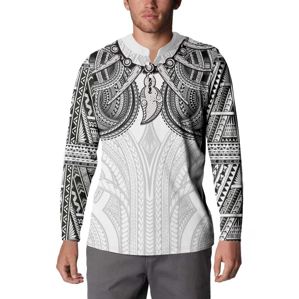 Samoan Traditional Art Tattoos Button Sweatshirt Tatau Tribal Motifs with Ula Nifo White - Polynesian Pride