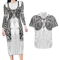 Samoan Traditional Art Tattoos Couples Matching Long Sleeve Bodycon Dress and Hawaiian Shirt Tatau Tribal Motifs with Ula Nifo White - Polynesian Pride